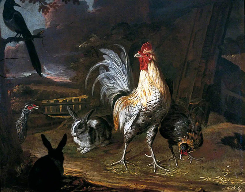 Conigli, un gallo e una gallina su sfondo paesaggio - Melchior de Hondecoeter