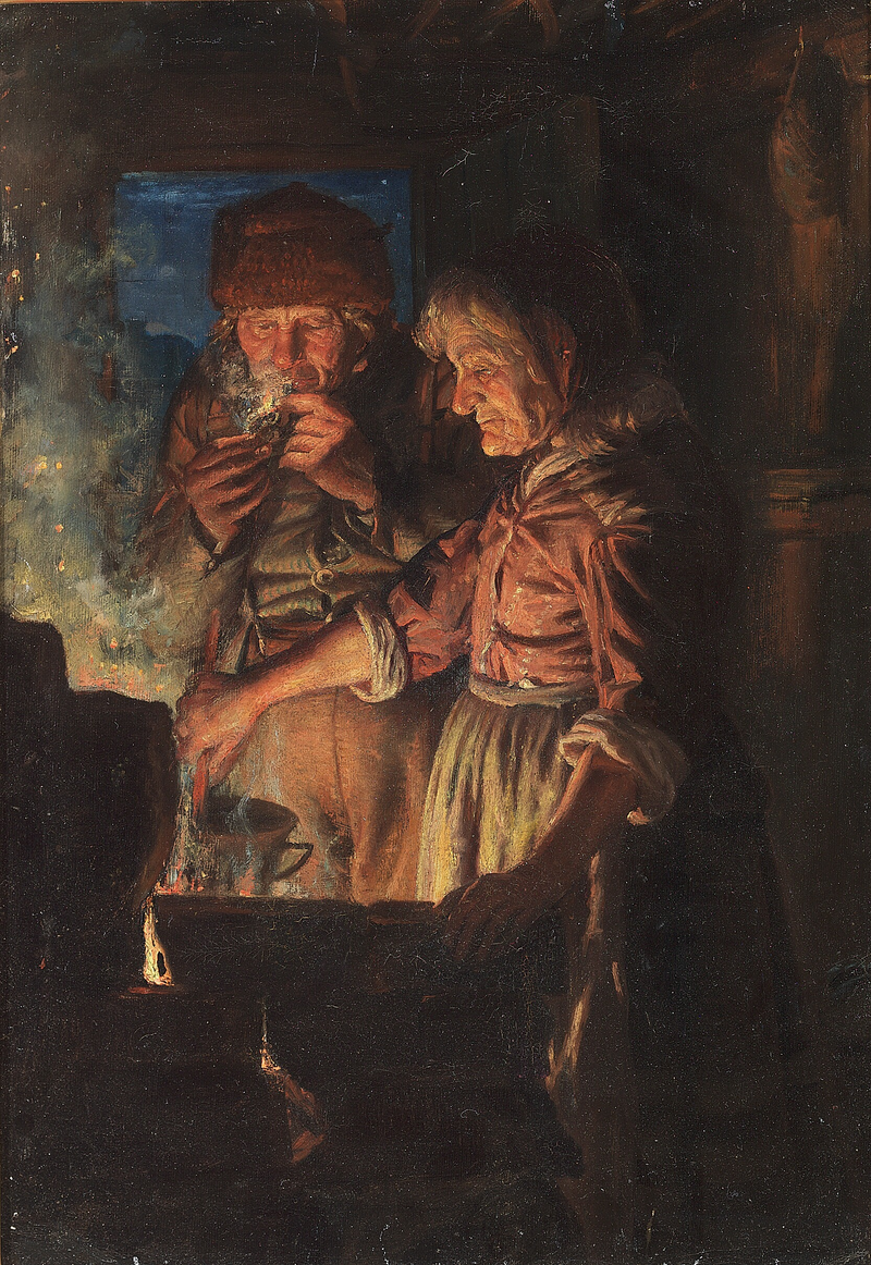 Lars Gaihede e sua moglie accanto al camino, Stifi mescola la pentola. - Michael Peter Ancher