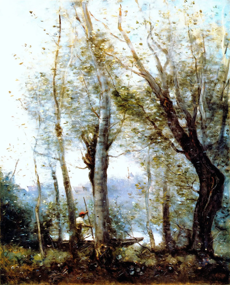 Il barcaiolo che passa dietro gli alberi della riva - Jean-Baptiste Camille Corot