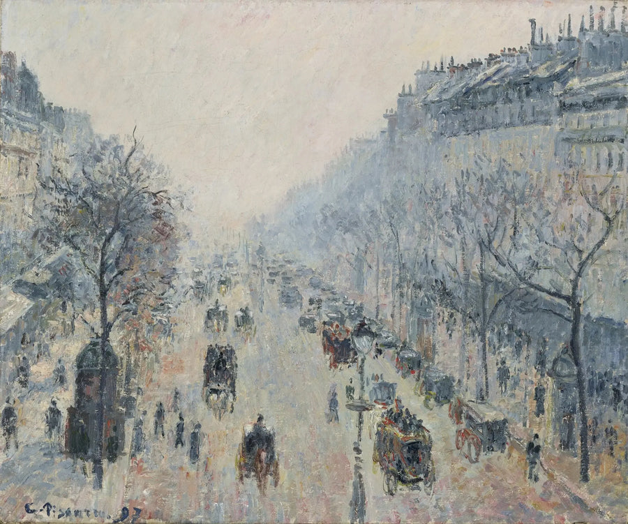 Il Boulevard Montmartre, nebbia del mattino - Camille Pissarro