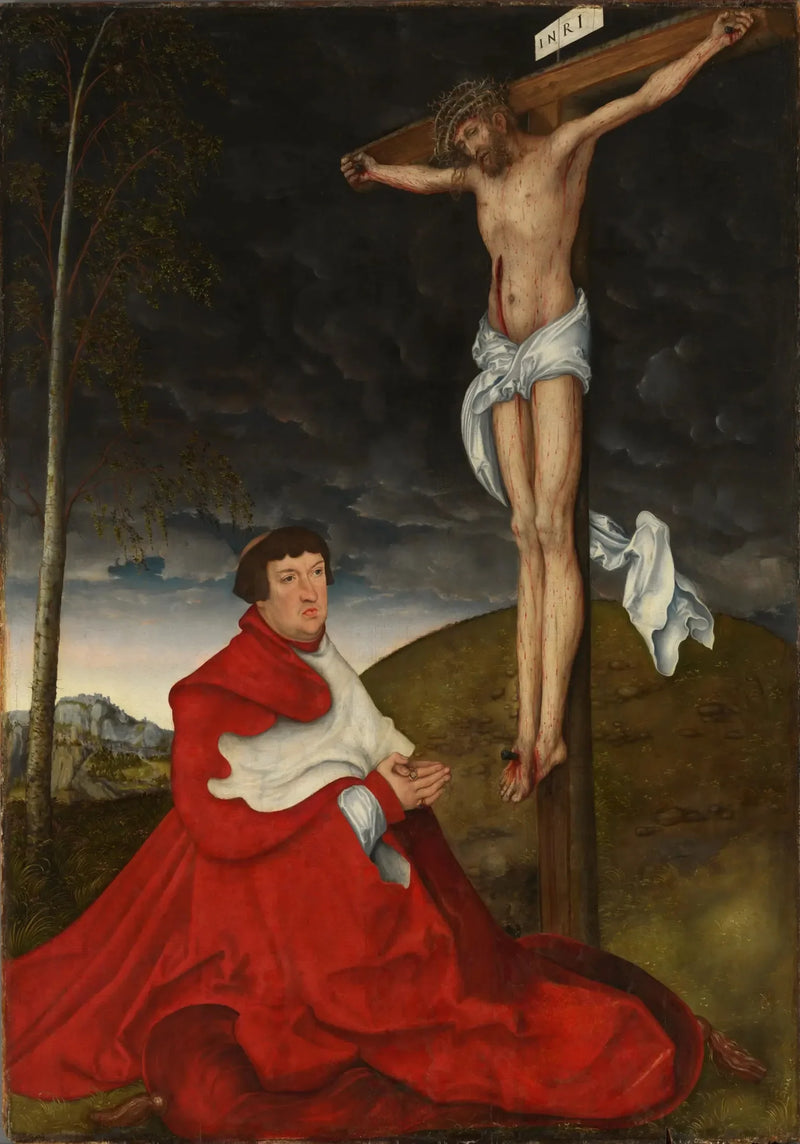 Il cardinale Albrecht von Brandenbourg davanti alla Crocifissione - Lucas Cranach il Vecchio