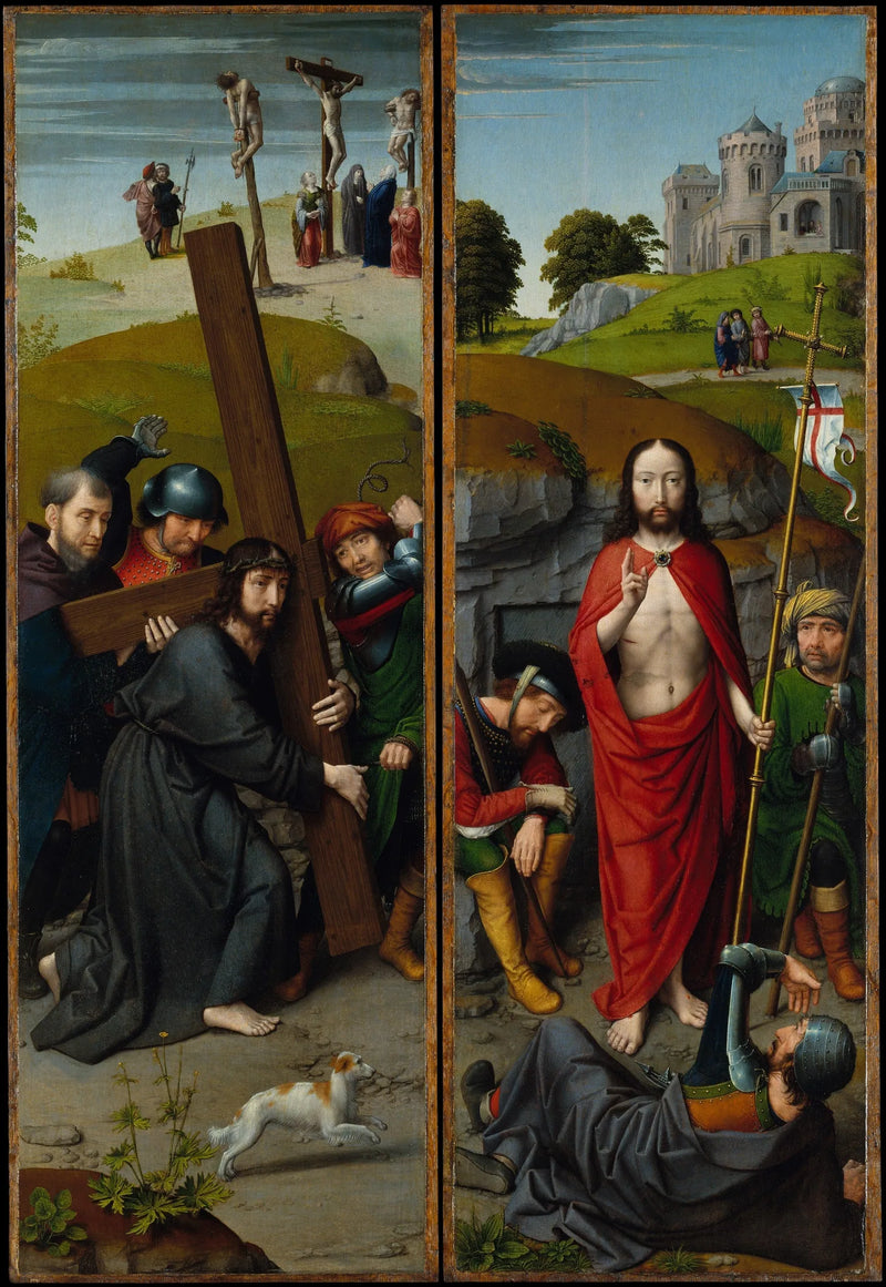 Il Cristo con la croce, con la crocifissione ; la Resurrezione, con i pellegrini di Emmaus - Gérard David