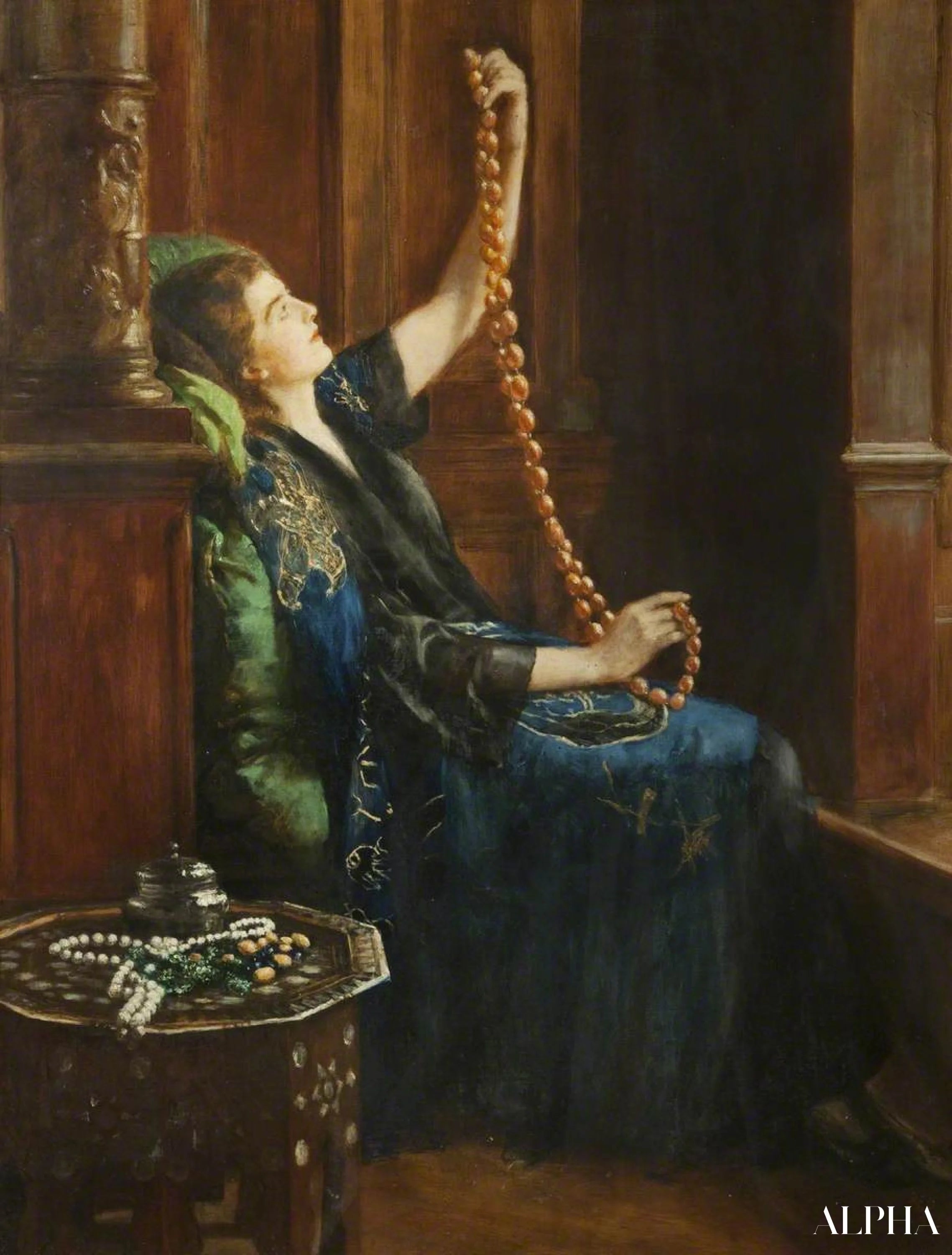 Reproduction du tableau « Le Collier d'Ambre de John Collier » par Alpha Reproduction en peinture à l’huile