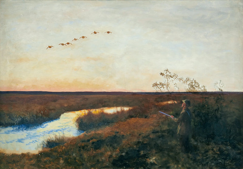 Il crepuscolo avvolge un paesaggio dove si stendono anatre e un cacciatore - Bruno Liljefors