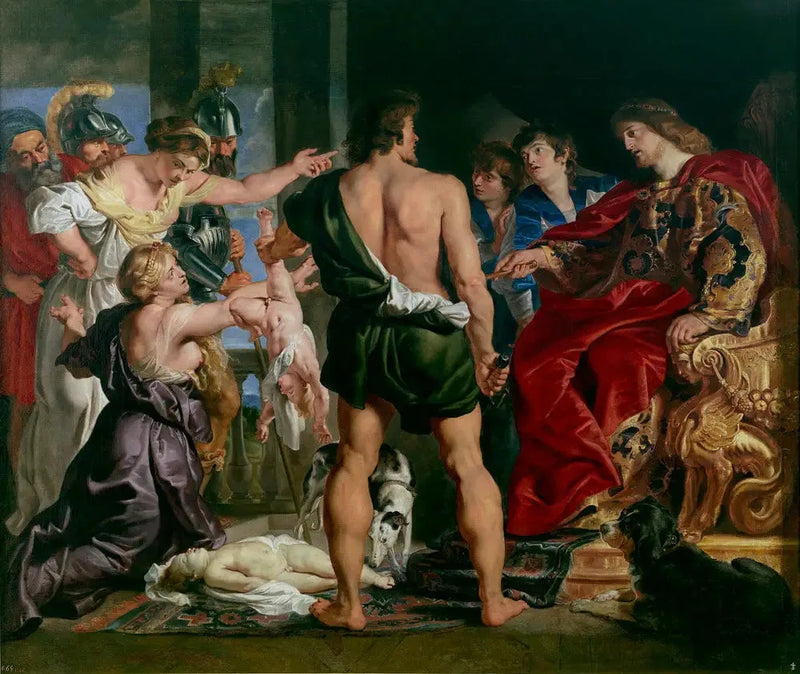 Il giudizio di Salomone : Salomone emette la sua sentenza ; ordina a un soldato di dividere il bambino vivo in due ; la vera madre si oppone alla sentenza di Salomone (1 Re 3:25-27) - Peter Paul Rubens