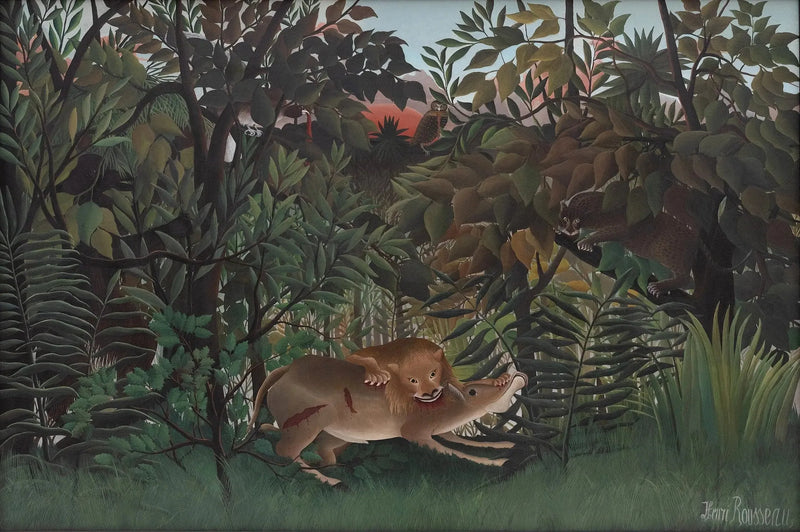 Il leone, avendo fame, si getta sulla gazzella - Henri Rousseau