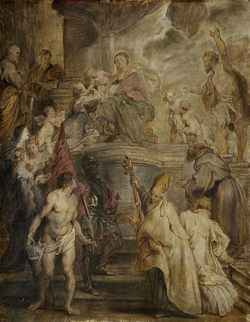 Il matrimonio mistico di santa Caterina (Schizzo a colori per l'altare della chiesa dei Padri Agostiniani ad Anversa), verso: Due battaglie di cavalleria - Peter Paul Rubens