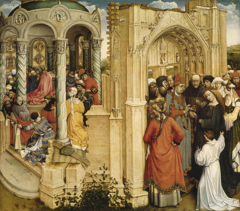 Il miracolo del ramo fiorito (a sinistra) ; il matrimonio di Maria e Giuseppe (a destra) - Robert Campin