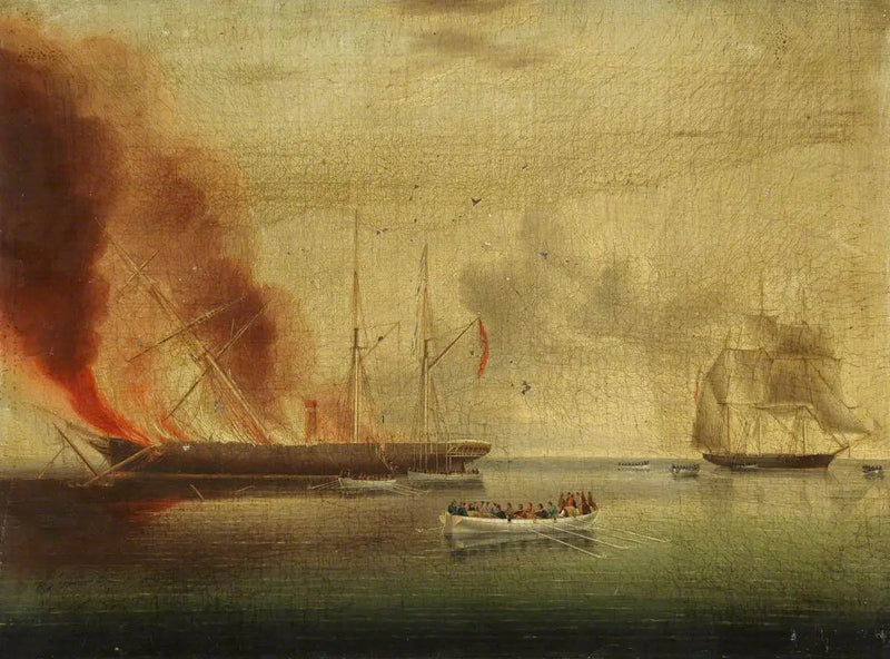 La nave a vapore « Glasgow » in fiamme al largo di Nantucket, il 31 luglio 1865 : passeggeri e equipaggio soccorsi dal « Rosamund » - James E. Buttersworth