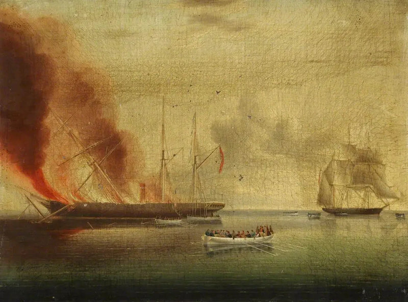 La nave a vapore « Glasgow » in fiamme al largo di Nantucket, il 31 luglio 1865 : passeggeri e equipaggio soccorsi dal « Rosamund » - James E. Buttersworth