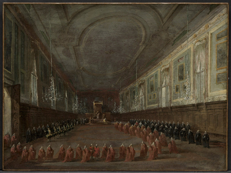 Il papa Pio VI scende dal trono per salutare il doge nella sala dei Santi Giovanni e Paolo, 1782 - Francesco Guardi