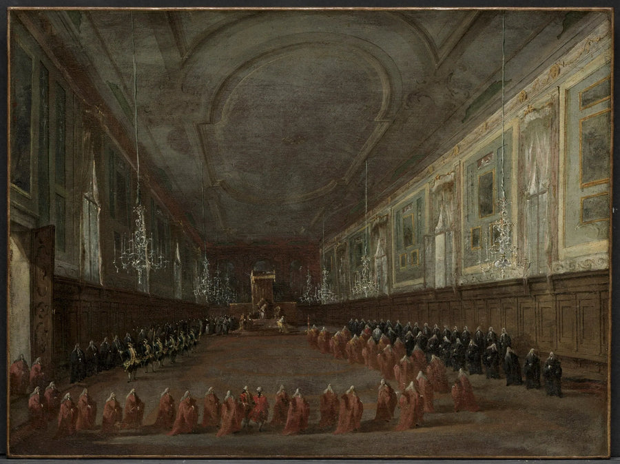 Il papa Pio VI scende dal trono per salutare il doge nella sala dei Santi Giovanni e Paolo, 1782 - Francesco Guardi