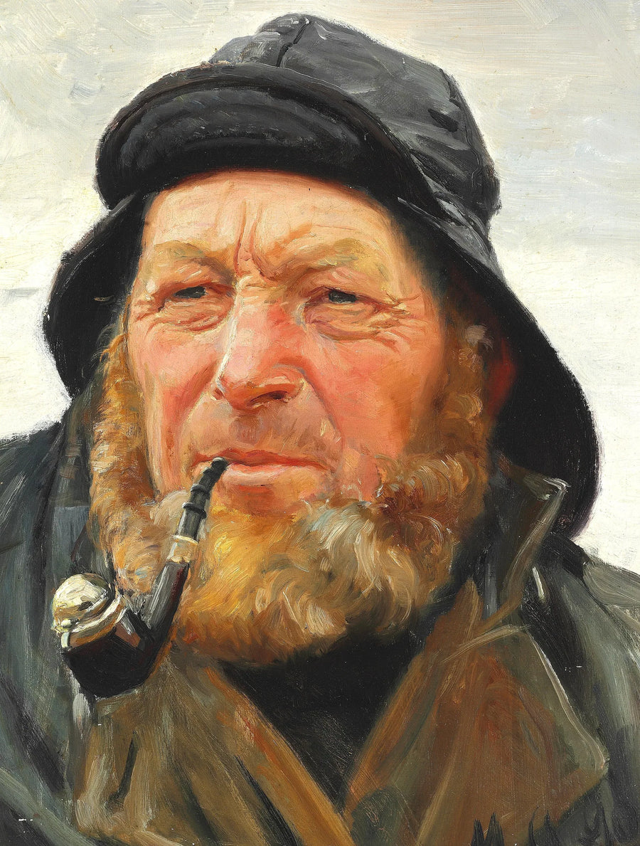 Il pescatore Ole Svendsen di Skagen, indossa una cerata e fuma la pipa. -Michael Peter Ancher