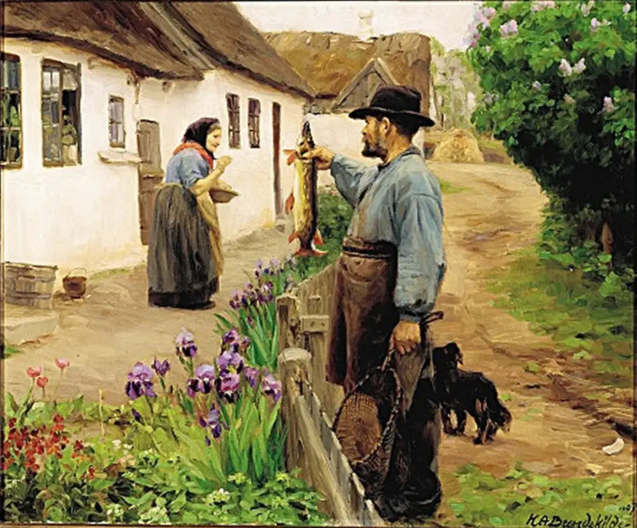 « Le Pêcheur ». Un pêcheur offre un grand brochet frais à une vieille femme. - H. A. Brendekilde - Alpha Reproduction