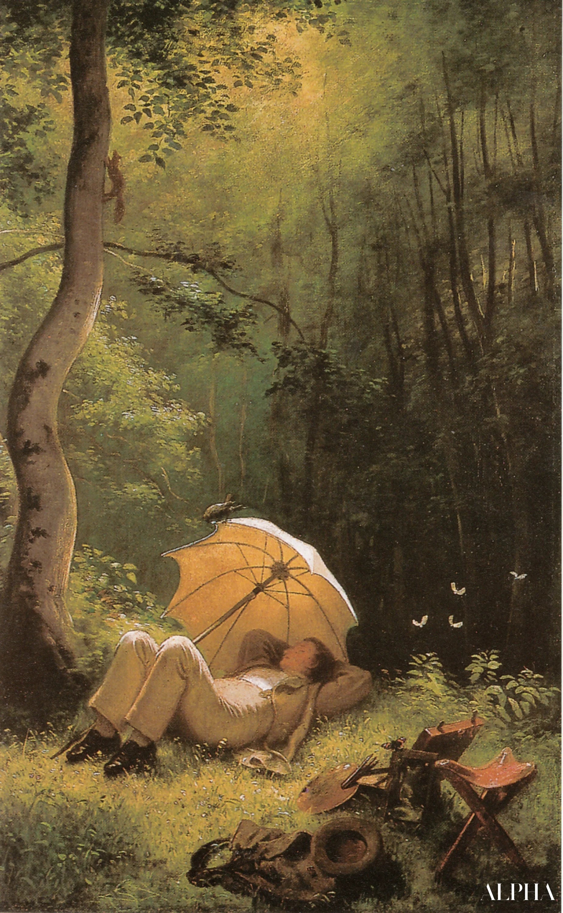 Il Pittore in una radura sdraiato sotto un ombrellone - Carl Spitzweg - Riproduzioni di quadri e dipinti di alta gamma