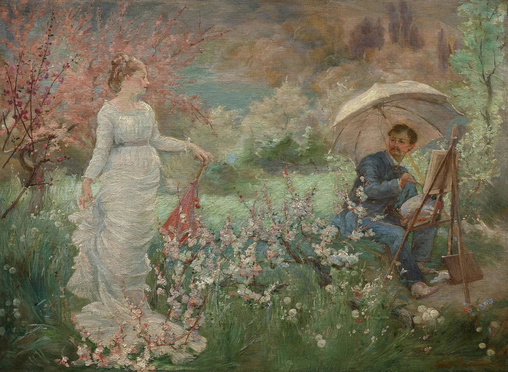 Le peintre et son modèle dans un jardin fleuri - Marie Bracquemond image 1 reproduction d’œuvre d’art à l’huile