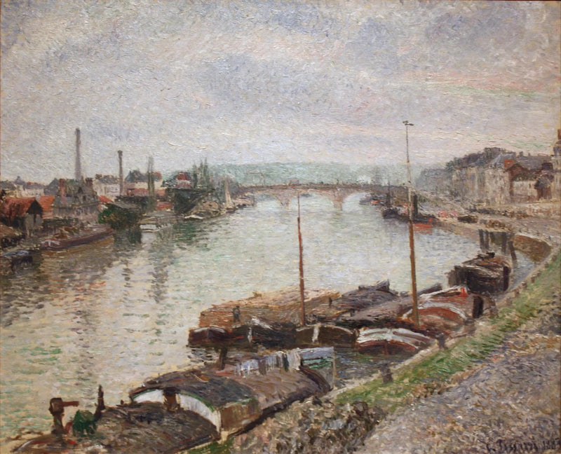 Il ponte di pietra e le chiatte a Rouen - Camille Pissarro