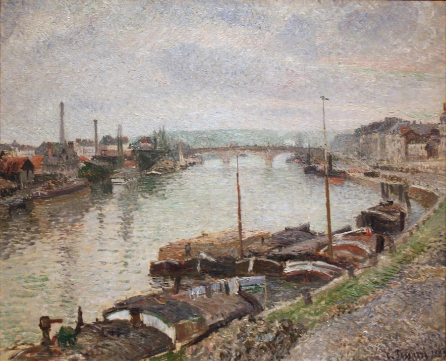Il ponte di pietra e le chiatte a Rouen - Camille Pissarro