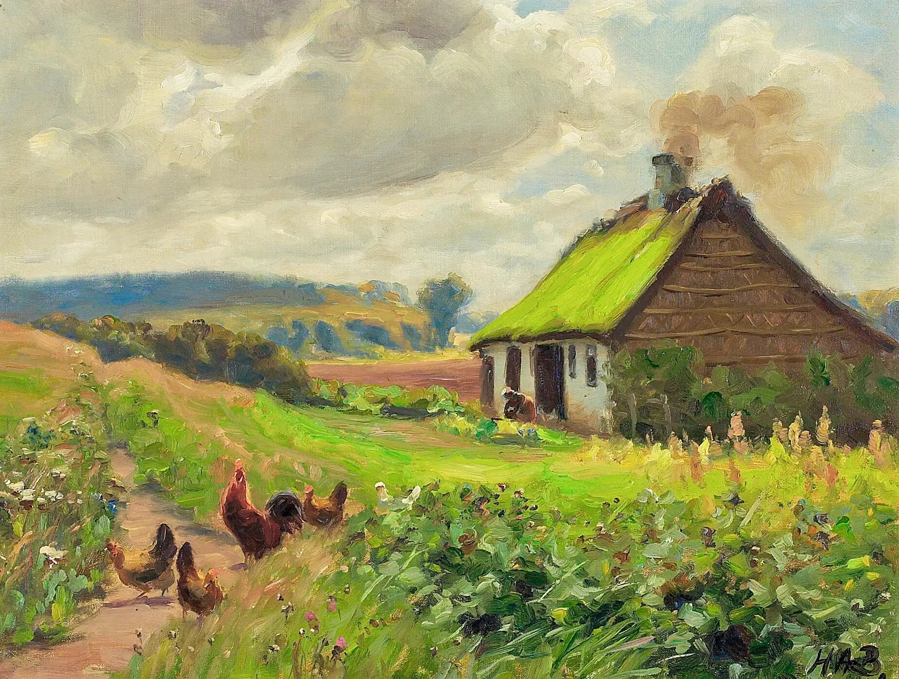 Le printemps avec une maison une femme et des poulets. - H. A. Brendekilde - Alpha Reproduction