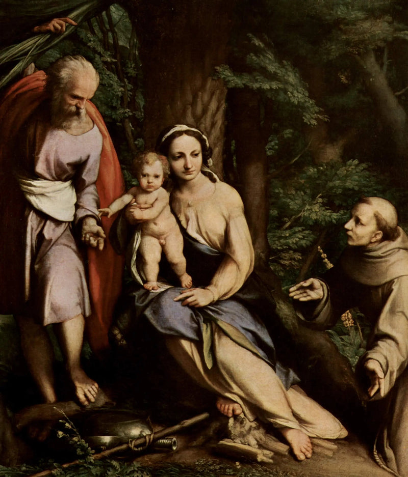 La Repos pendant la Fuite en Égypte avec saint François - Antonio da Correggio