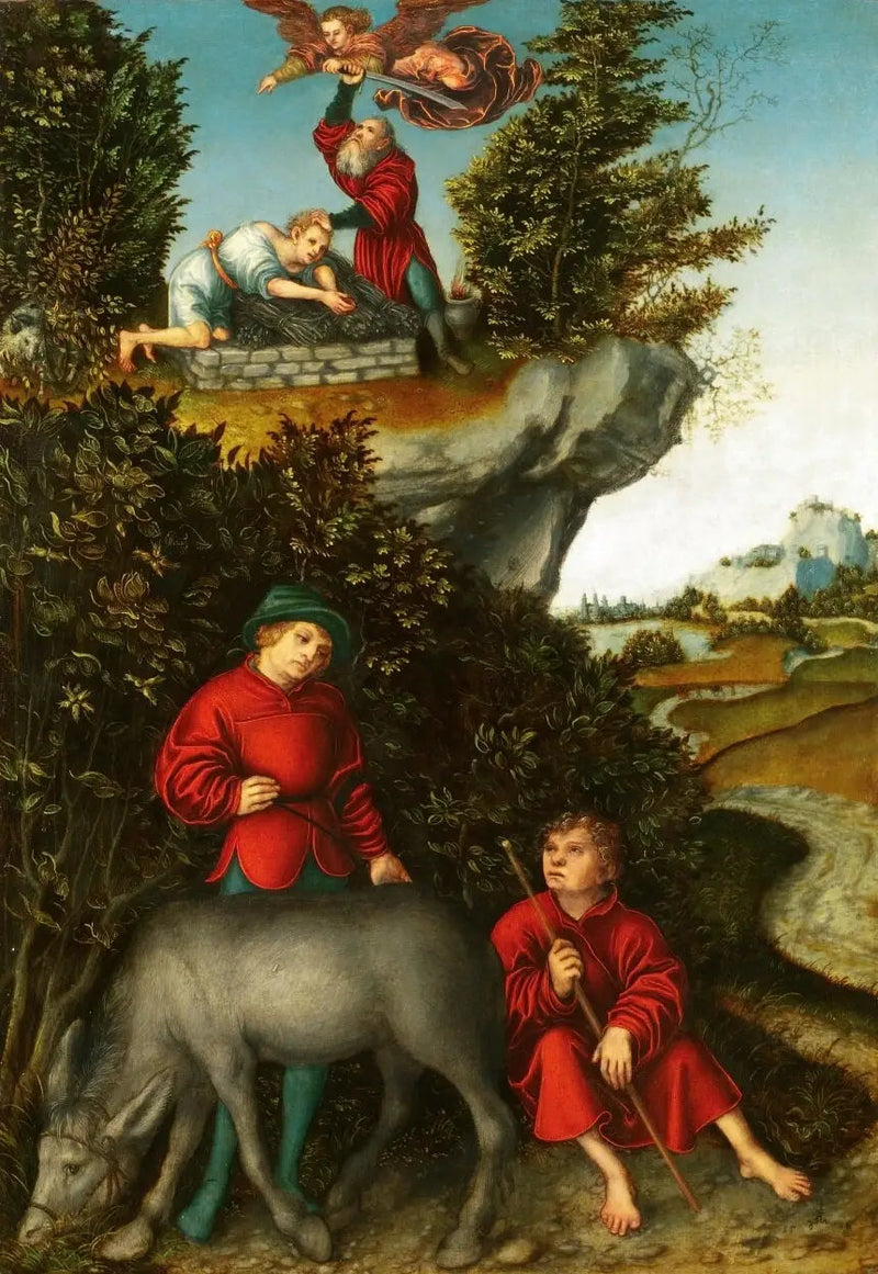 Il sacrificio di Abramo : Un angelo impedisce ad Abramo di sacrificare Isacco ; i servi aspettano ai piedi della montagna (Genesi 22:10-12) - Lucas Cranach il Vecchio