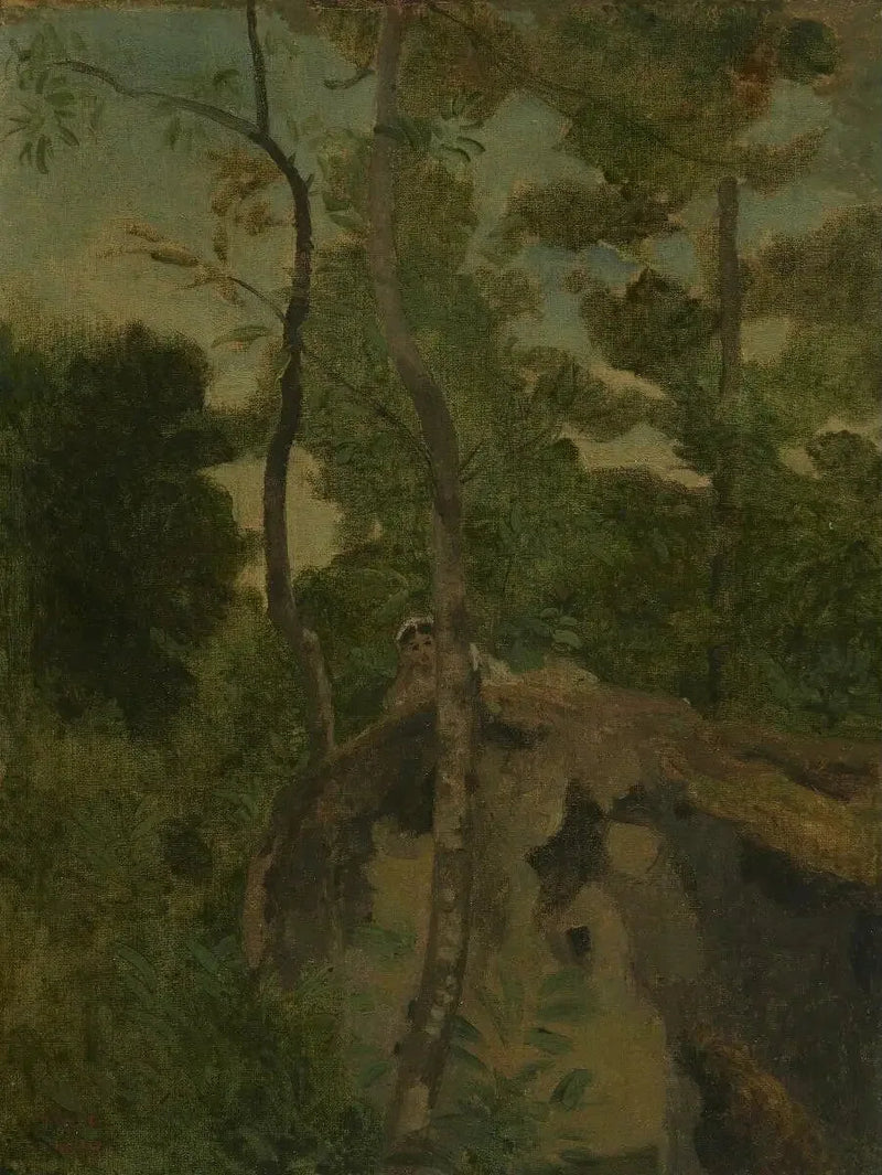 Les Alinges. Ragazza sdraiata su una roccia sotto gli alberi - Jean-Baptiste Camille Corot
