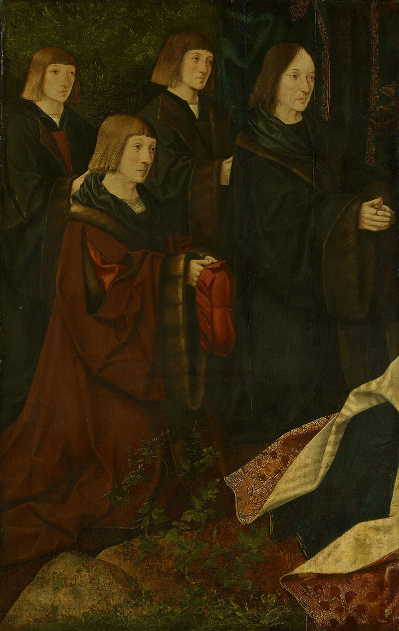 I donatori Korsgen Elbertzen e i suoi figli Dirck e Albert sono a sinistra, con le donatrici a destra. - Jacob Cornelisz van Oostsanen