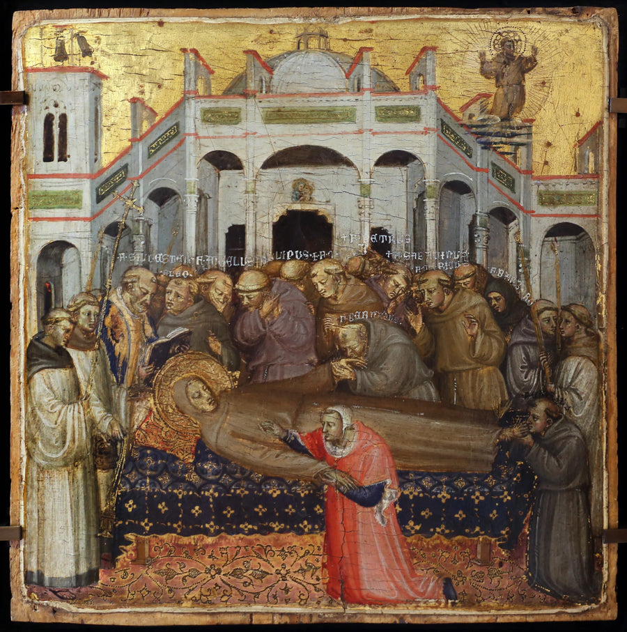 Les funérailles di san Francesco : verifica delle stigmate in presenza dei primi frati francescani, Sylvestre, Angélus, Léon, Philippe, Pierre, Bernard, Sabatinus, Barbaro, Gilles, Masseus, Maurice. - Bicci di Lorenzo