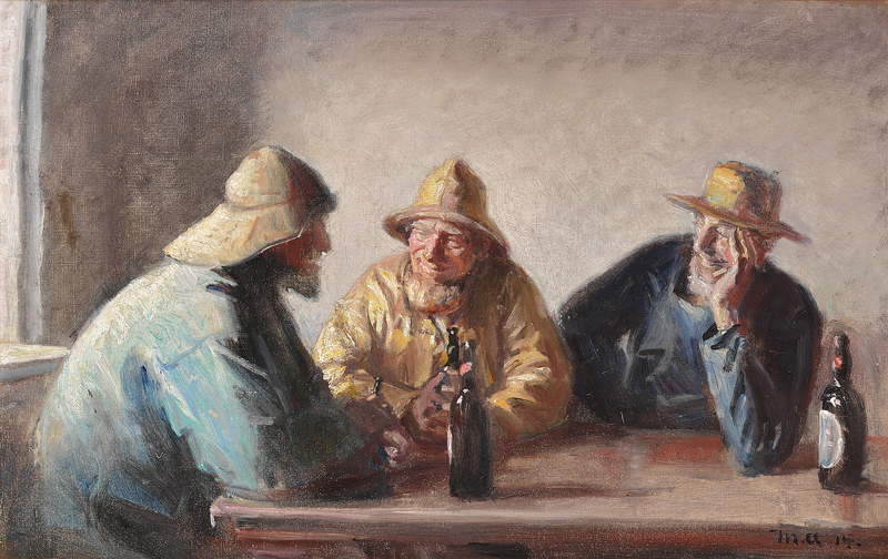 I pescatori Andreas Carlsen, Ole Malmer e Thomas Peter Larsen si godono una birra dopo il lavoro. -Michael Peter Ancher