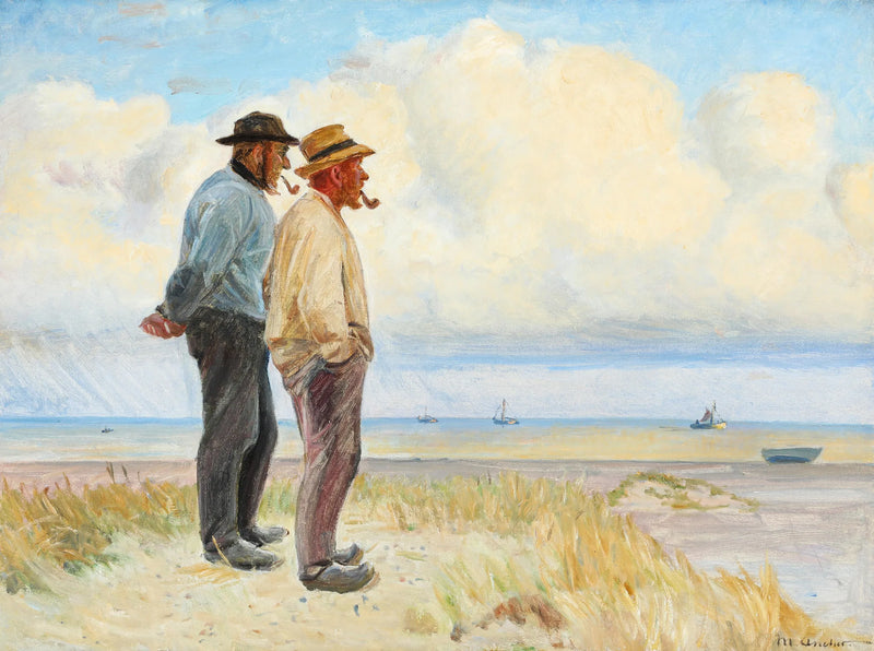 I pescatori di Skagen Rasmus Bergen S�rensen e B��j Andersen in piedi sulla spiaggia. -Michael Peter Ancher