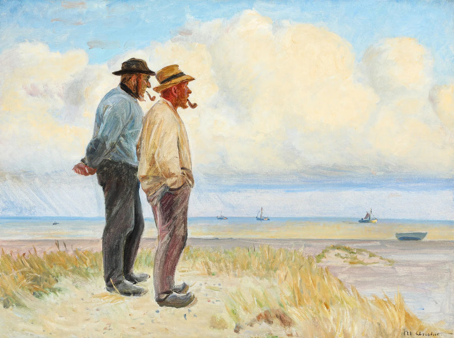 I pescatori di Skagen Rasmus Bergen S�rensen e B��j Andersen in piedi sulla spiaggia. -Michael Peter Ancher