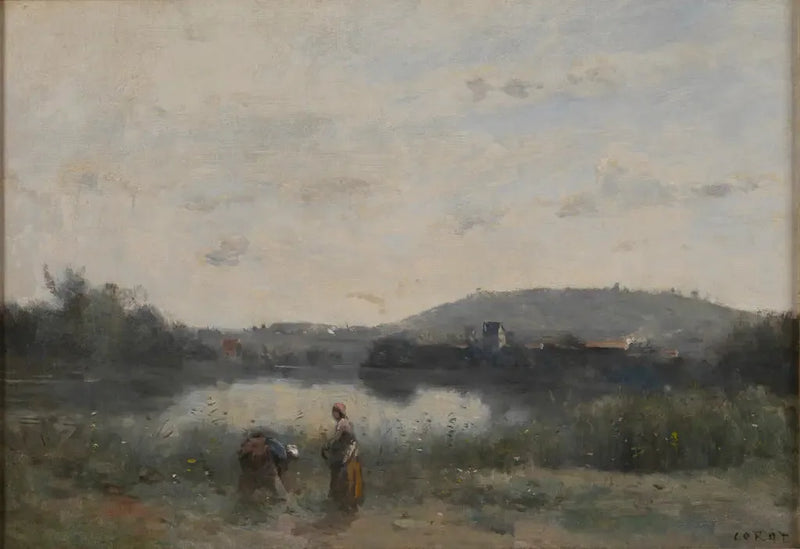 Le rive di un fiume dominate in lontananza da colline - Jean-Baptiste Camille Corot