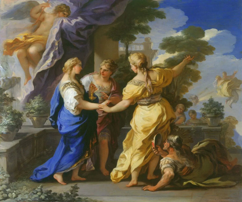 Le sorelle di Psiche le offrono una lampada e un pugnale. - Luca Giordano