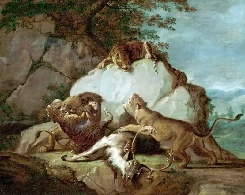Lions e tigri che combattono per un cervo - George Stubbs