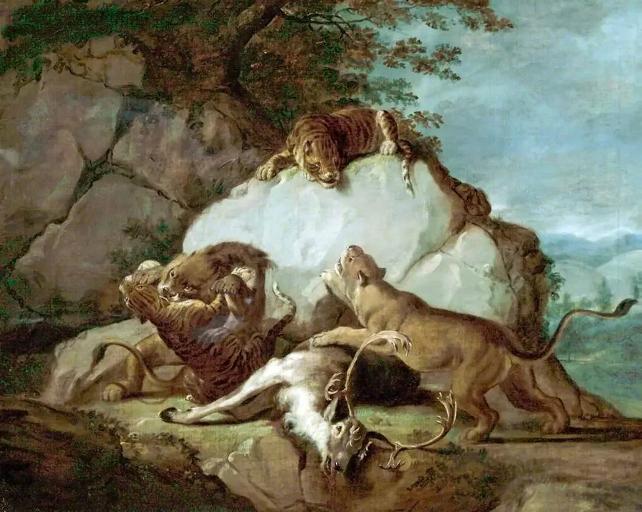 Lions e tigri che combattono per un cervo - George Stubbs