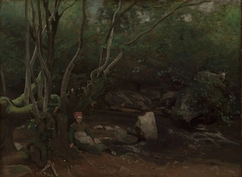 Lormes, Una capraia seduta ai margini di un torrente sotto bosco - Jean-Baptiste Camille Corot