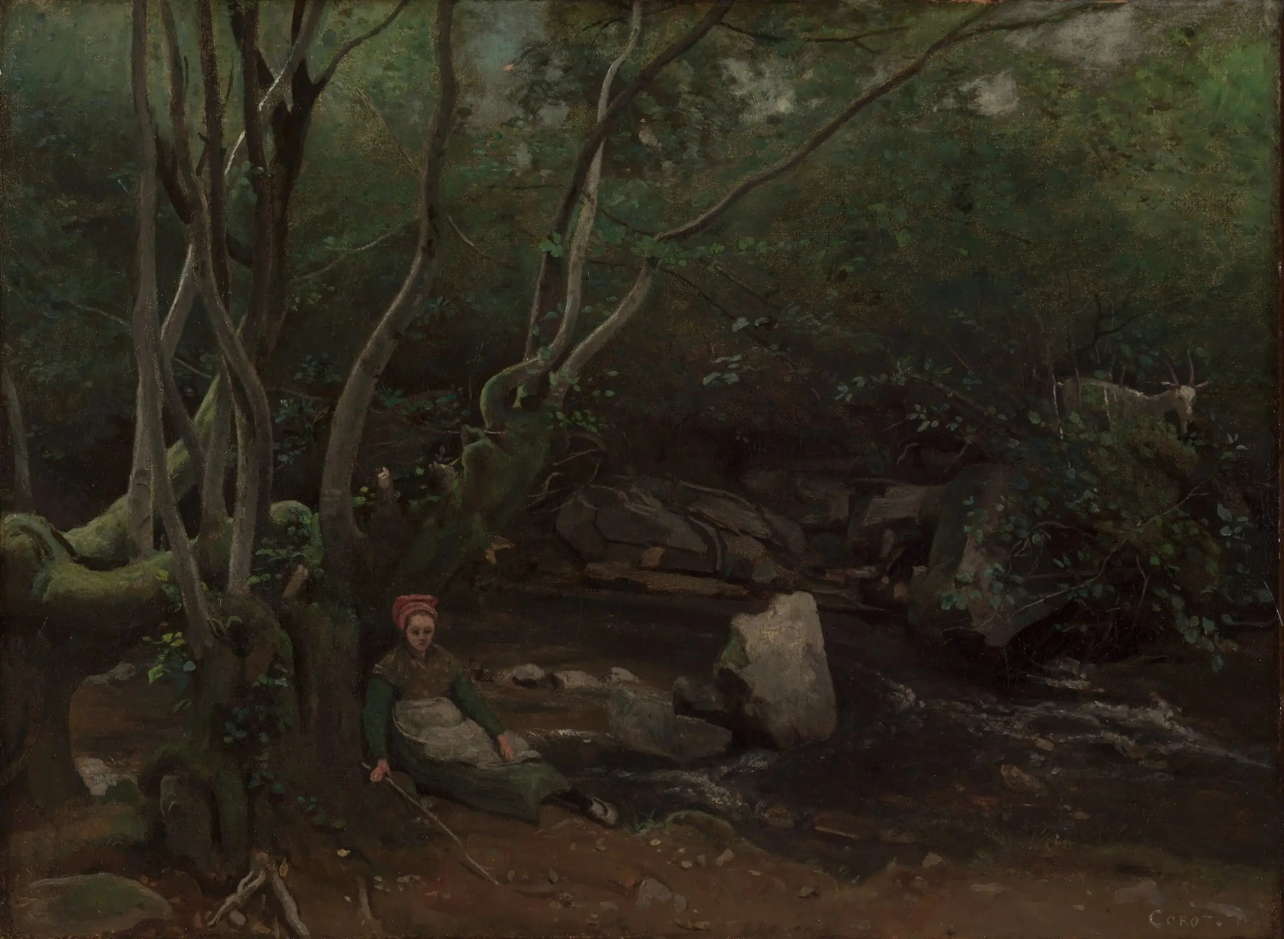 Lormes Une chevrière assise au bord d’un torrent sous bois - Jean-Baptiste Camille Corot - Alpha Reproduction