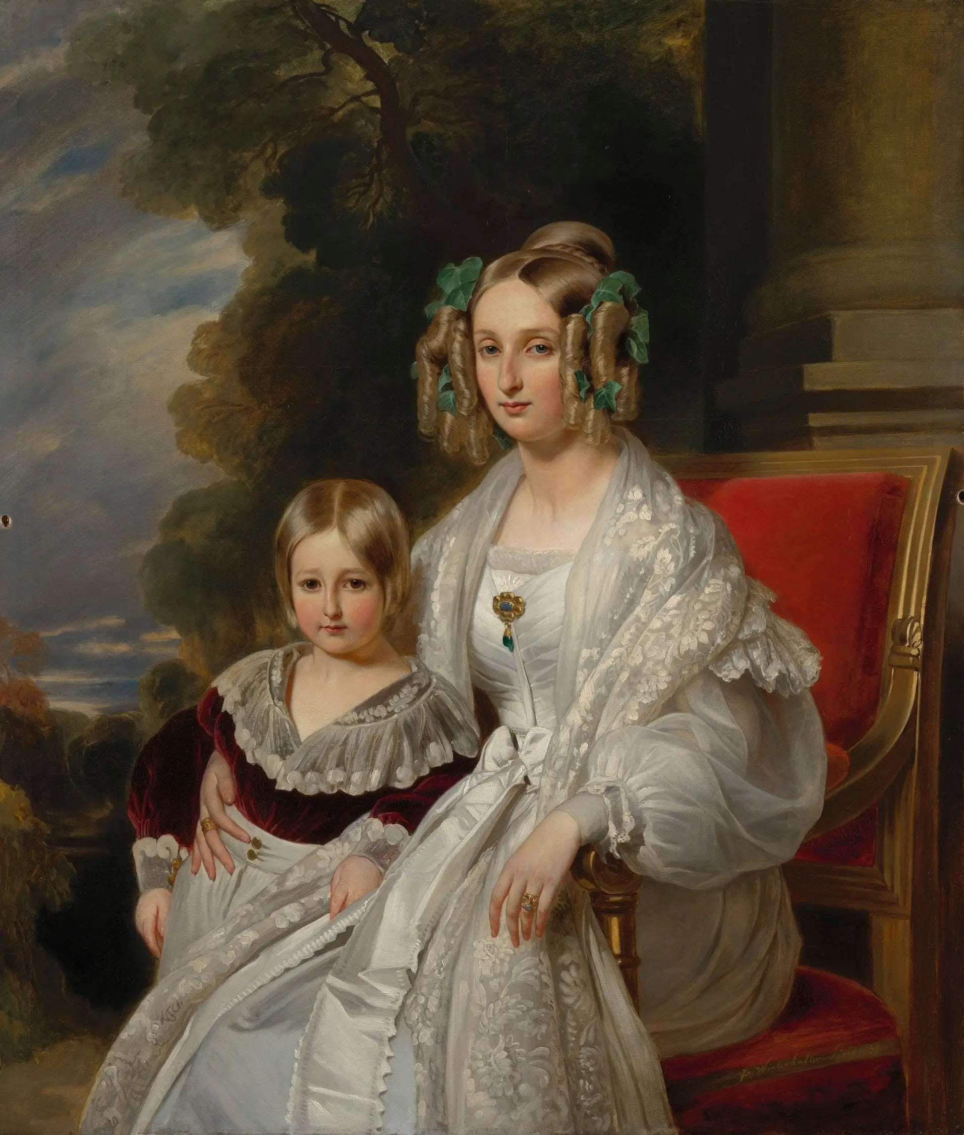 Louise, reine des Belges avec Léopold, duc de Brabant, futur Léopold II, roi des Belges - Franz Xaver Winterhalter image 1 copie peinte à la main à l’huile