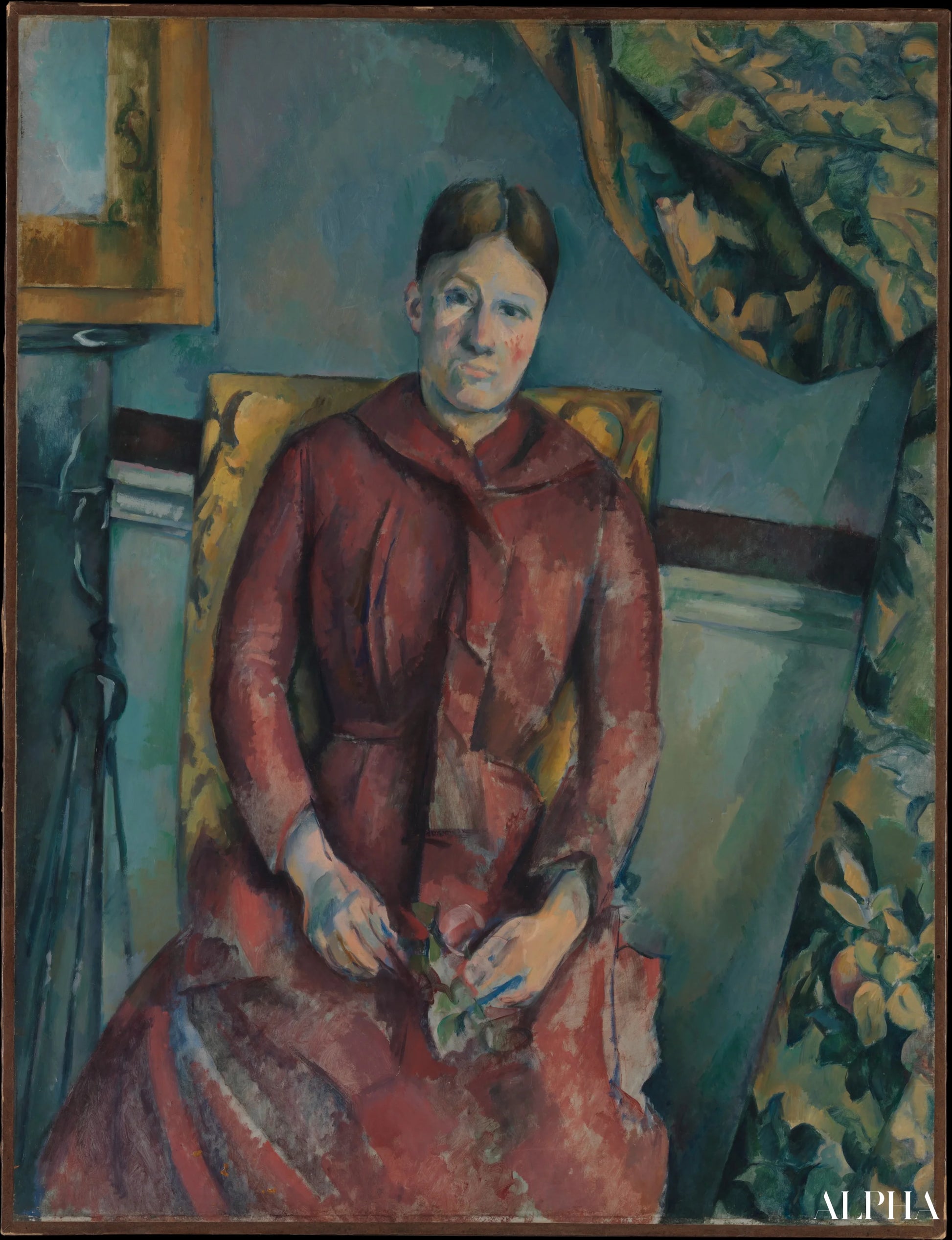 Madame Cézanne (Hortense Fiquet, 1850–1922) in un abito rosso - Paul Cézanne - Riproduzioni di quadri e dipinti di alta qualità