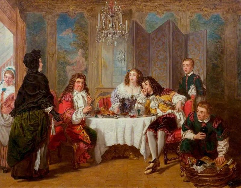 Madame Jourdain trouve son mari divertissant Dorimène et Dorante (extrait du Bourgeois Gentilhomme de Molière) - William Powell Frith image 1 copie peinte à la main à l’huile