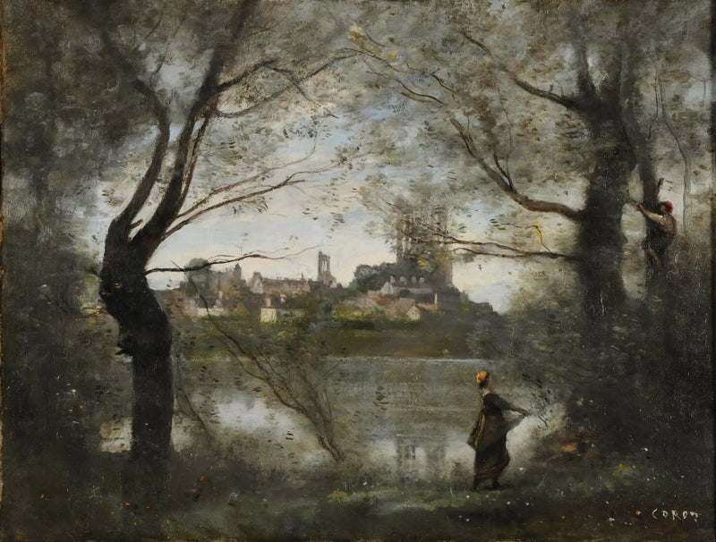 Mantes, la Cattedrale e la Città viste attraverso gli alberi, la sera - Jean-Baptiste Camille Corot