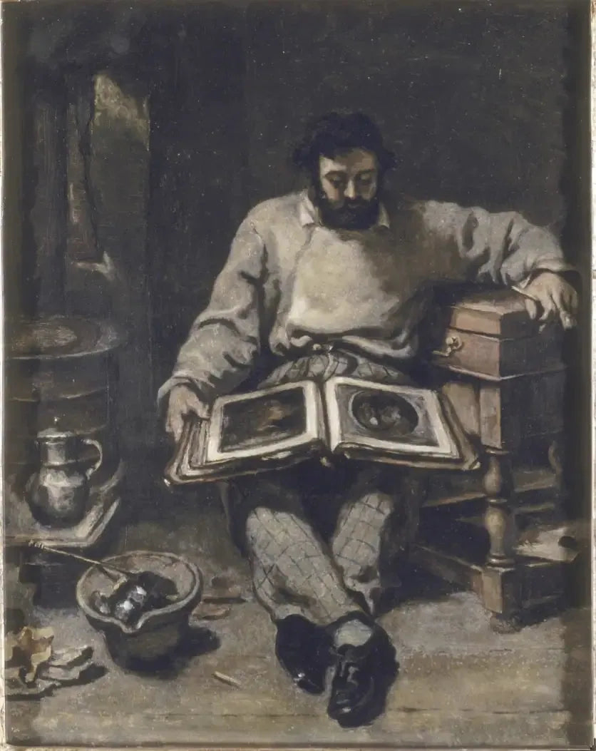 Marc Trapadoux che esamina un libro di stampe - Gustave Courbet