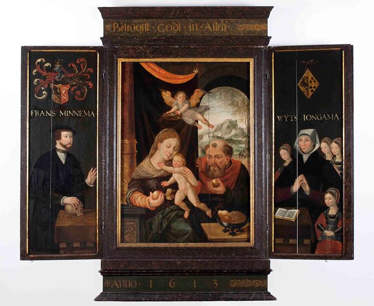 Maria met het kind Jezus op schoot, Jozef op achtergrond - Bernard van Orley image 1 copie peinte à la main à l’huile
