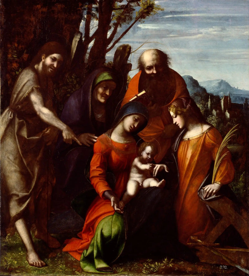 Matrimonio mistico di santa Caterina d'Alessandria e tre santi in un paesaggio - Antonio da Correggio