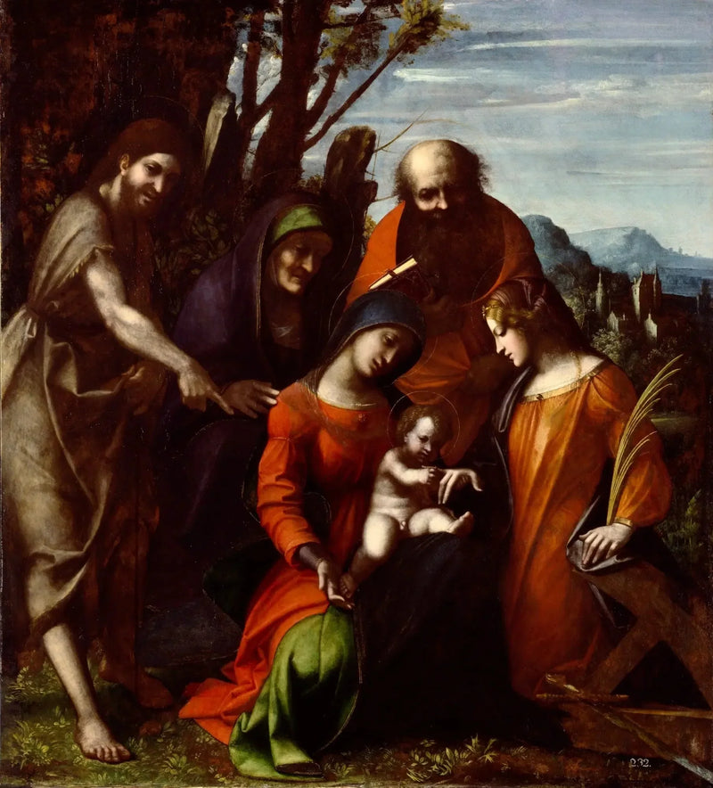 Matrimonio mistico di santa Caterina d'Alessandria e tre santi in un paesaggio - Antonio da Correggio