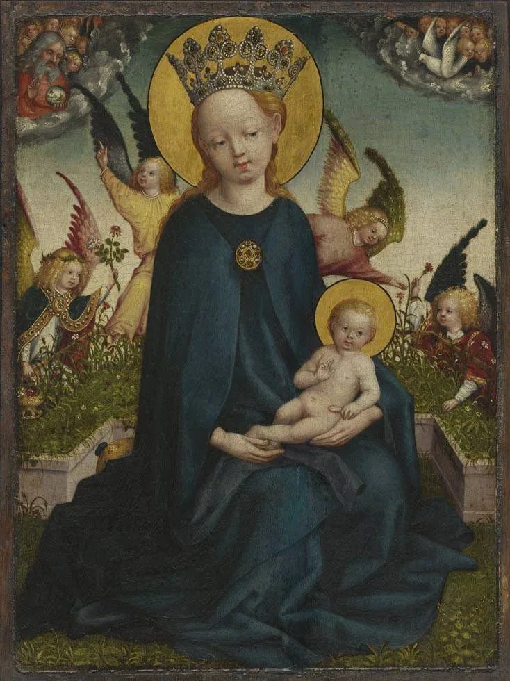 Marie con il Bambino Gesù accanto a una fioriera - Stefan Lochner