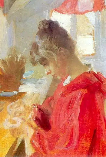 Marie è seduta a un tavolo mentre cuce - Peder Severin Krøyer