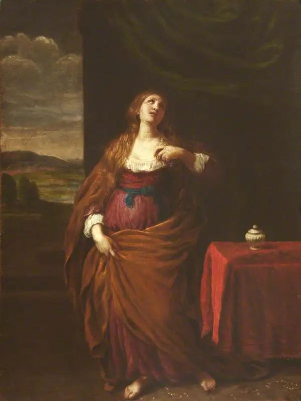 Marie-Madeleine in piedi per tutta la lunghezza con vista su un vasto paesaggio oltre - Guido Reni