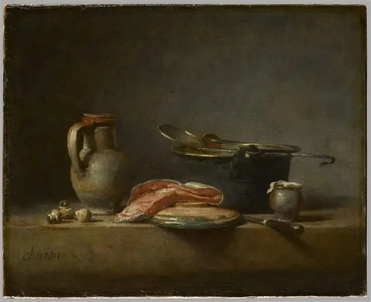 Marmite di rame, écumoire, cruche e fetta di salmone - Jean Siméon Chardin