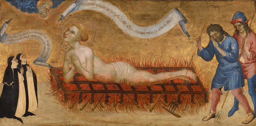Martirio di San Lorenzo con due monache benedettine - Giovanni di Paolo